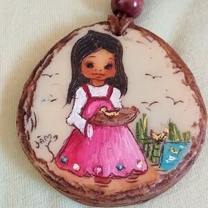 Vtg. JAMA Handpainted Indian Girl Necklace